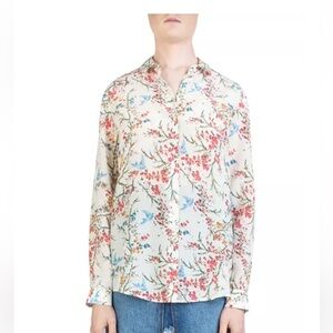 The Kooples | White Bird Avian & Floral-Print Silk Shirt - Size 1 / Small